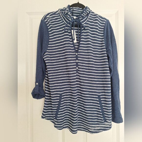 J Jill Blue White hoodie linen 58% size M - Picture 1 of 7